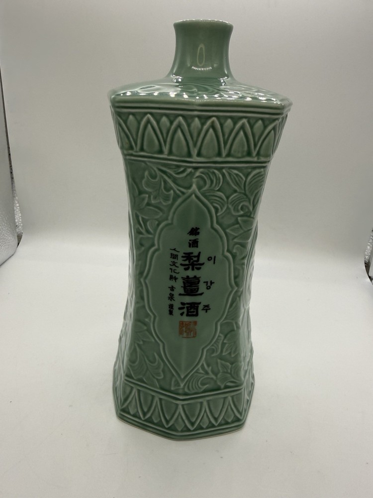 Ceramic Celadon Octagonal Bottle Leegangju, Korean Luck