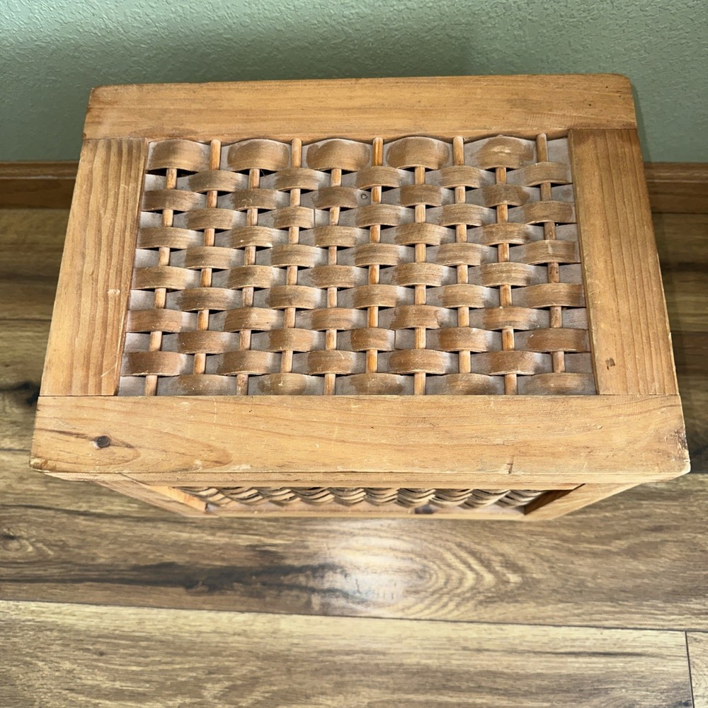 Vintage Woven Wooden Storage Chest Solid Basket Hinged Box Rustic Natural