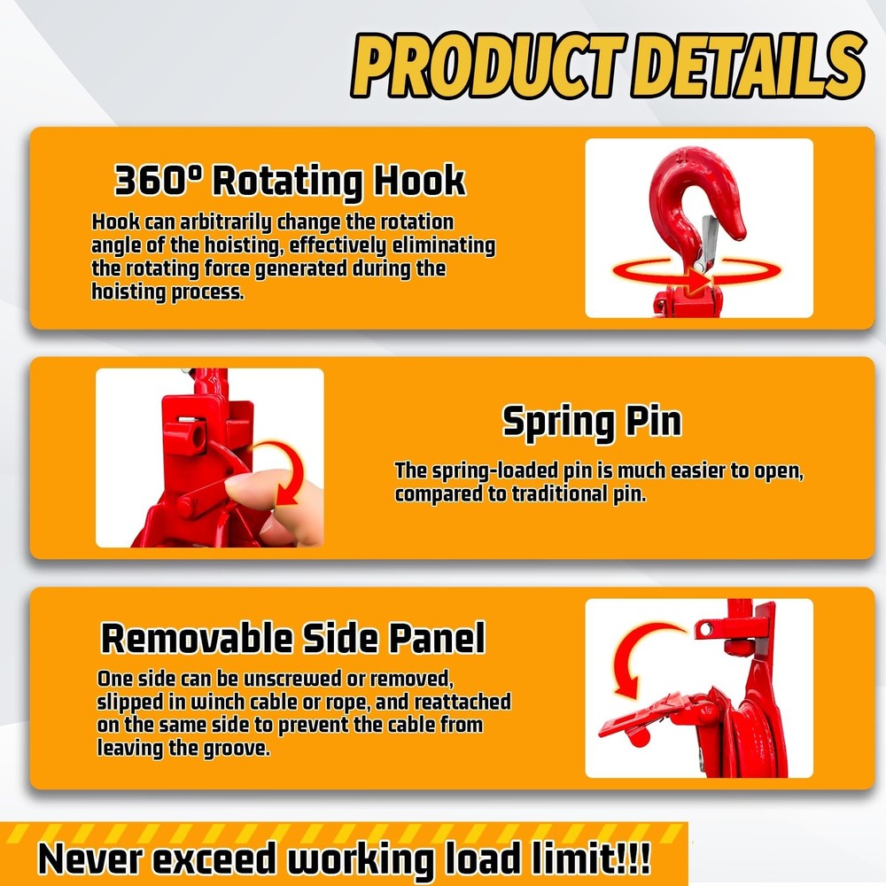 1 Ton Snatch Block with Hook, Easy-Open Design Snatch Block, for Wire Ropes W...