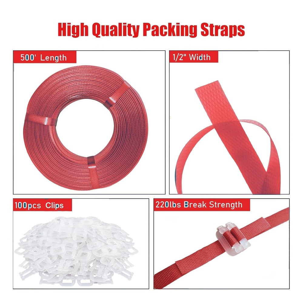 1/2" x 500' Red Polypropylene Strapping Kit with 100 Buckles - Secure Packaging