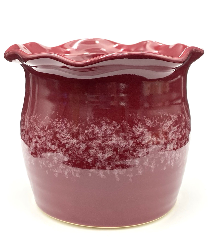 Studio Pottery Cache Pot/Planter, Ruffled, 5", Berry Red w/Speckled Band, Signed