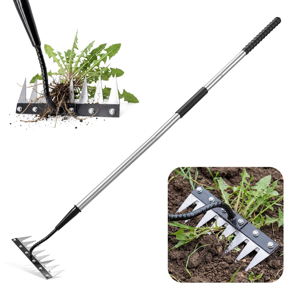 Heavy-Duty Iron Weeding Rake with Long Handle - 8 Teeth Manual Tool