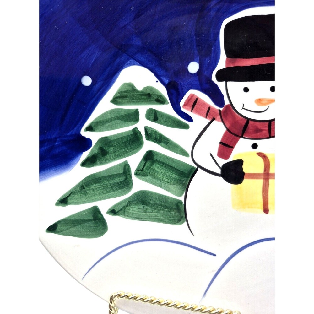 Festive Blue White Snowman Tree Christmas Serving Plate 10"