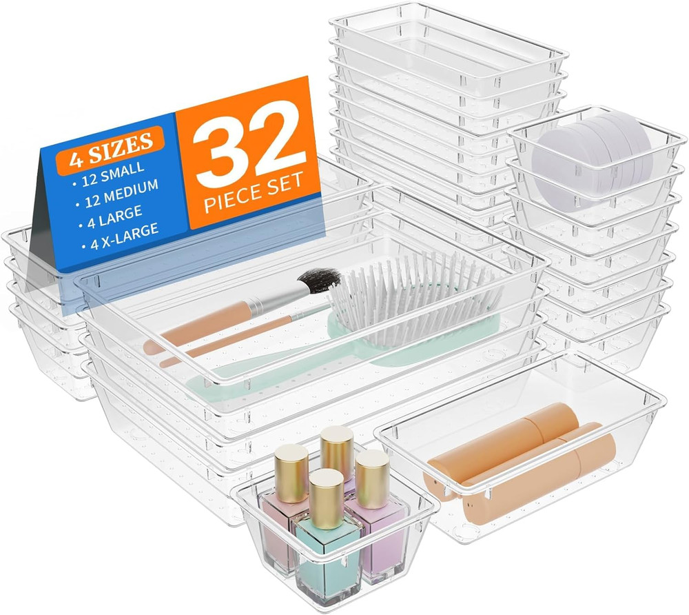 32 PCS Clear Plastic Drawer Organizer Set, 4-Size Vanity Organizer Trays and ...