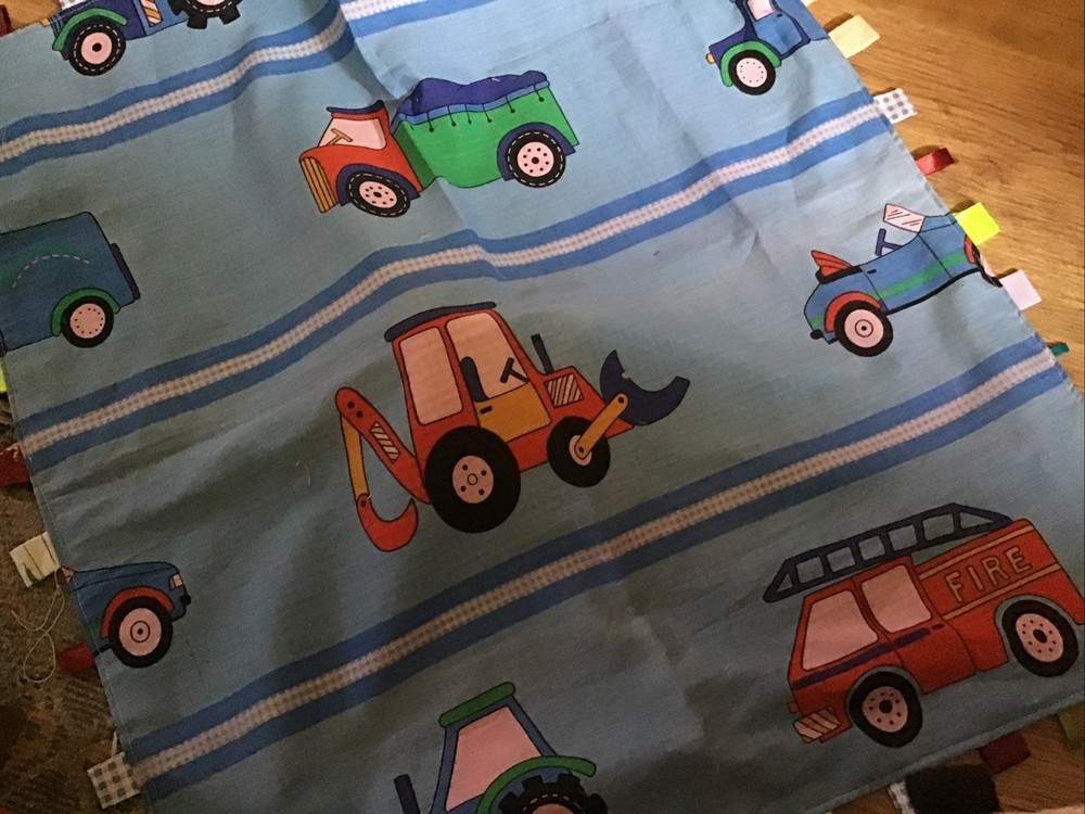 Large Handmade Blanket Taggie - Multi Coloured Vehicles Tractor, Fire Engine
