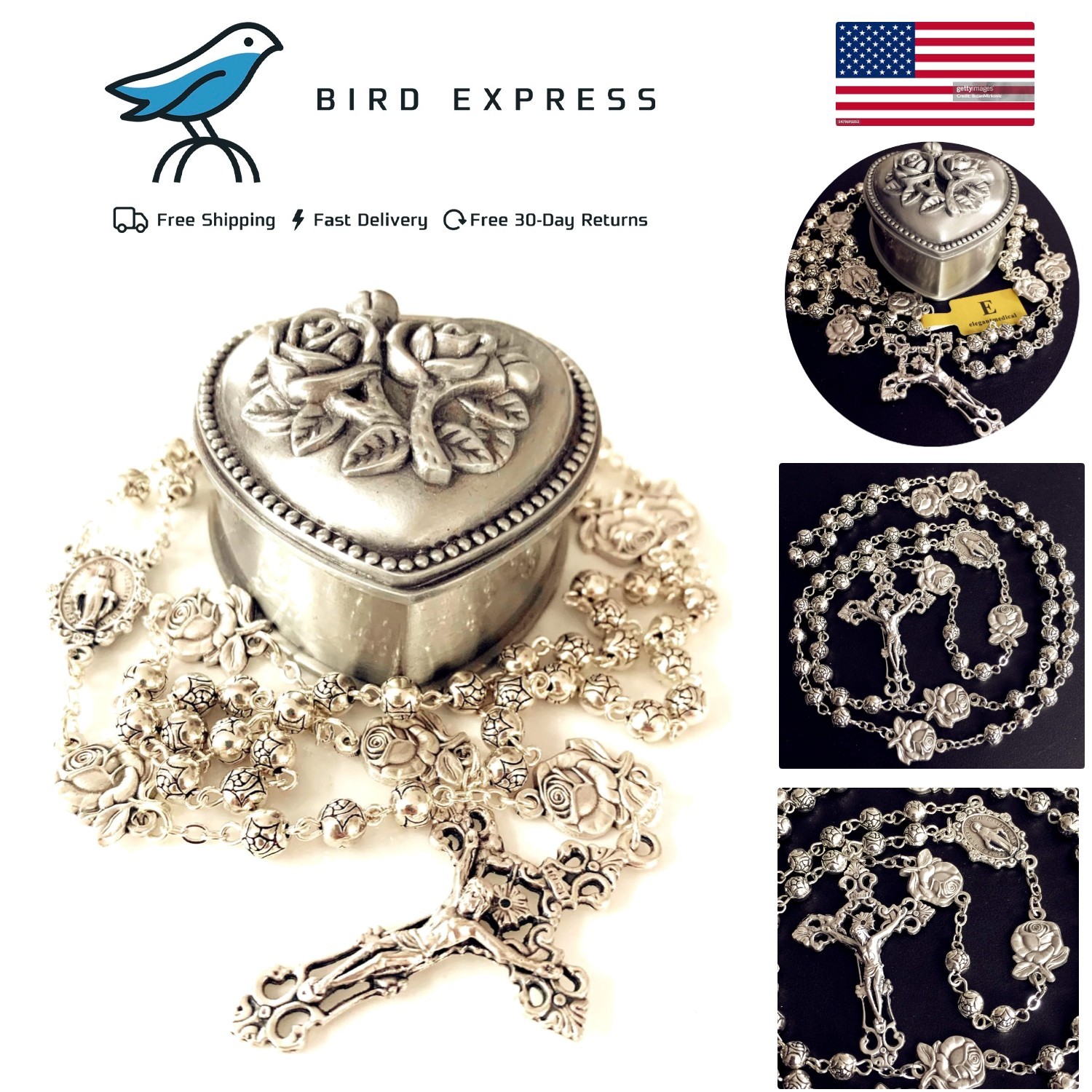 HANDMADE 925 Silver Rose Beads Catholic 5-Decade Rosary w Cross Gift Box Italy