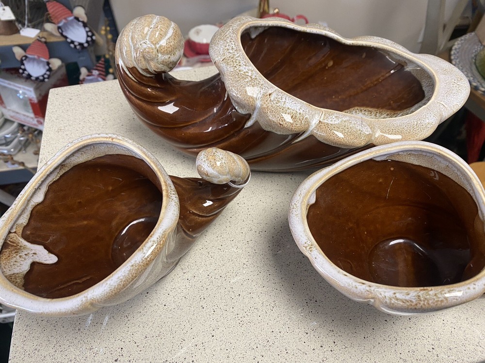 3 Fall Cornucopia Horn drip glaze Brown 12” Large  & 2 Smaller Decor Planters