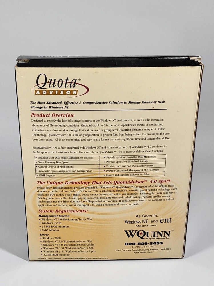 Quota Advisor for Windows NT Software Storage CeNTral Vintage WQuinn