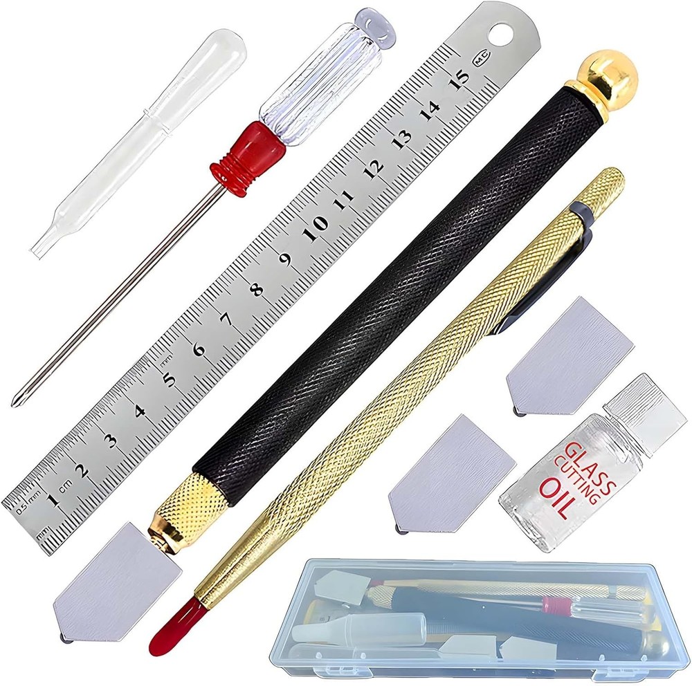 Glass Cutting Kit with Ruler, Oil Bottle, Scoring Tools and Case,...