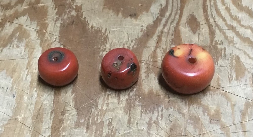 Three Antique Natural Red Coral Round Beads In Assorted Sizes