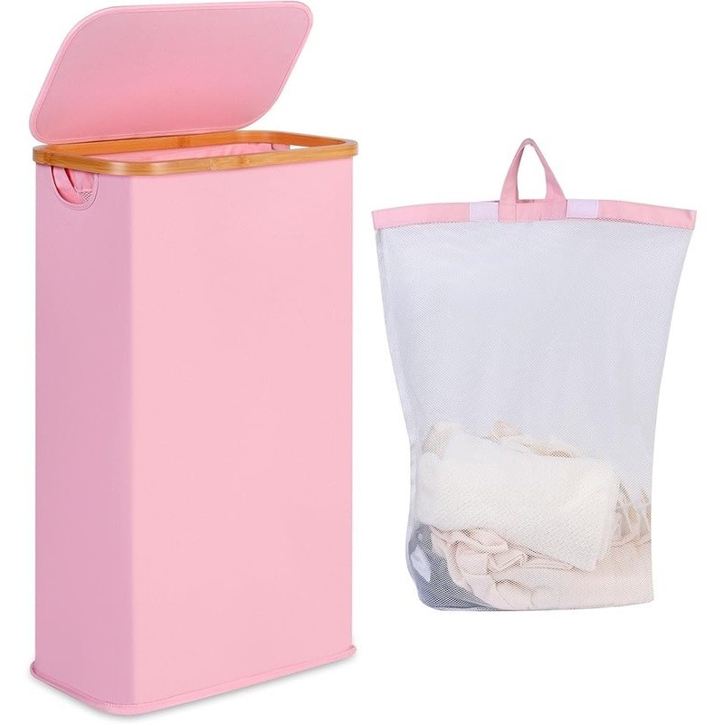 Portable Slim Laundry Basket Foldable Organizer W/ Removable Bag & Bamboo Handle