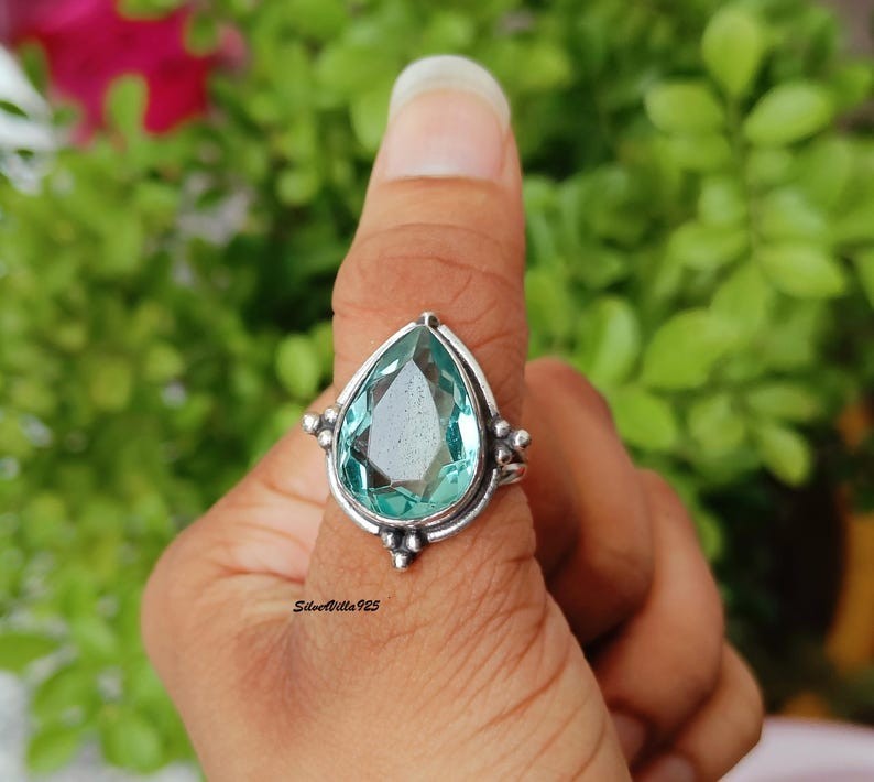Aquamarine Solid 925 Sterling Silver Beautiful Statement Ring, All Size M1814