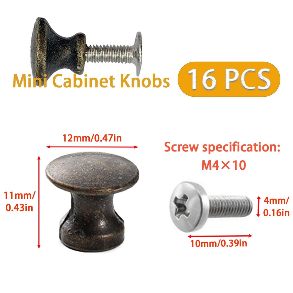 16 Pack Mini Cabinet Knobs, 1/2 Inch Dia Bronze Drawer Pulls Handles, Small R...