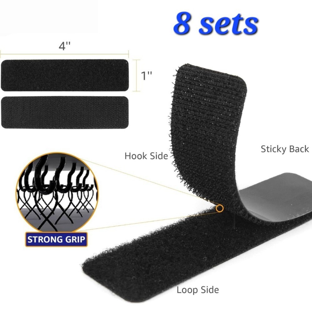 1” Wide x 4” (Inch) General Purpose Stick-On Strips (8 Sets Hook & Loop)- Black