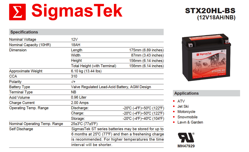Deka ETX20L Battery (Replacement) by SigmasTek (310 CCA)
