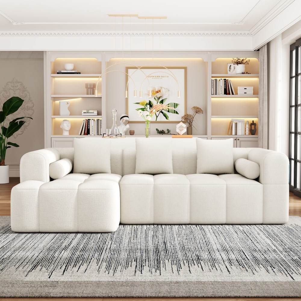 3-Seat Modular Sectional Sofa, Tufted Back with Side Pockets, Light Grey