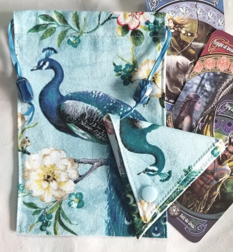 Tarot Card Drawstring Bag Handmade Peacock with Beads PLUS Crystal Pouch