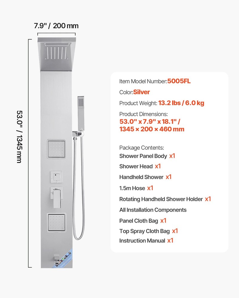 VEVOR Shower Panel Tower System Stainless Steel Column Rainfall Head Massage