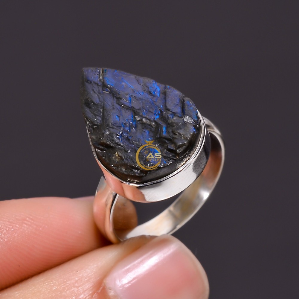 Natural Raw Labradorite Ring Blue Labradorite 925 Sterling Silver Statement Ring