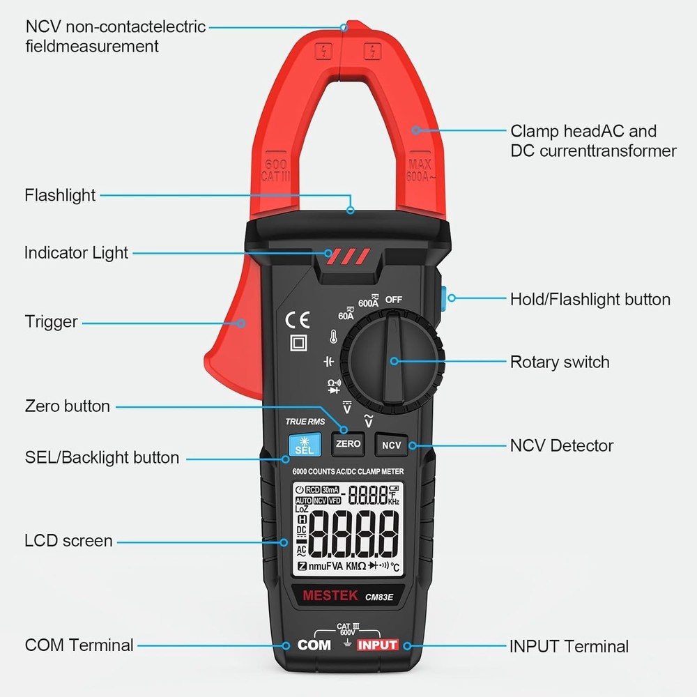 Multímetro Digital Gancho TRMS 6000 AC/DC Voltios Amperios Temp