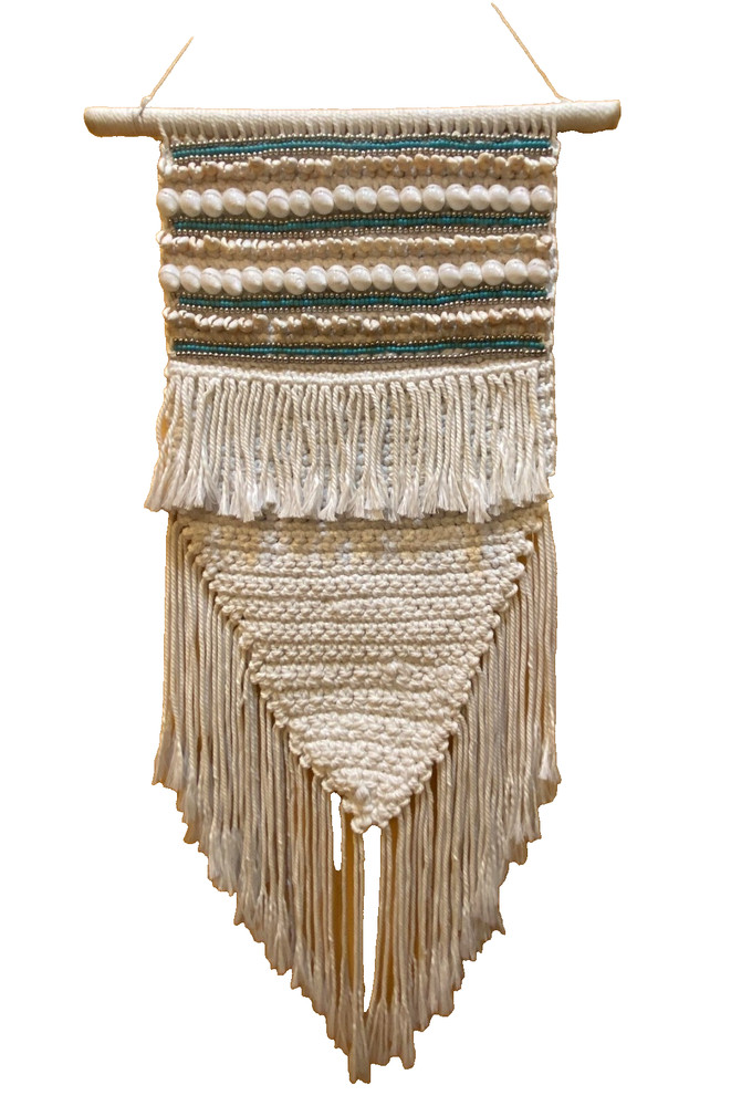 BOHO Handcrafted Wall Hanging Cotton Macrame w/Tassels Shells Blue/Silver Beads