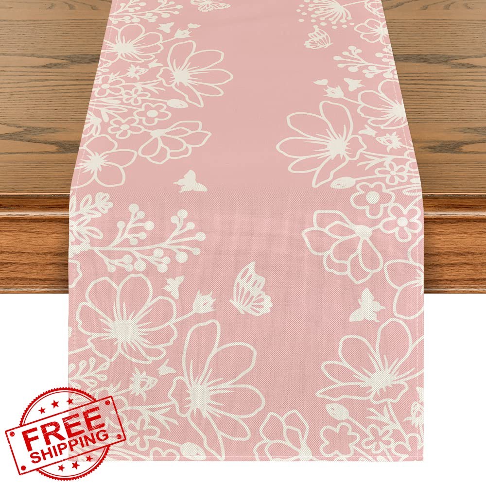 Artoid Mode Spring Table Runner Pink Flowers Butterfly 13x120