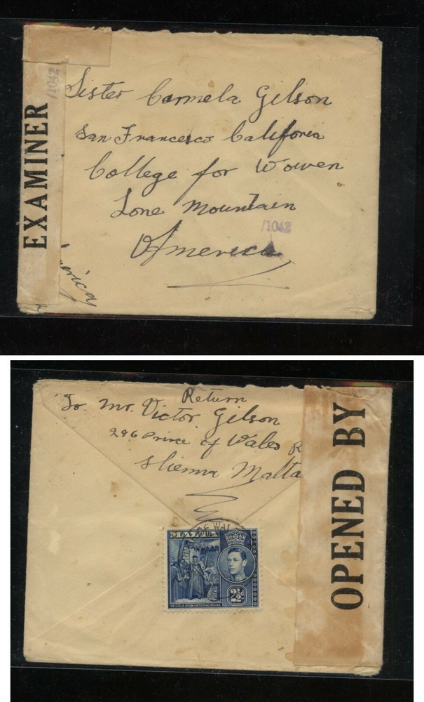 Malta   #196  on  small  censor cover  to  US       KS0829