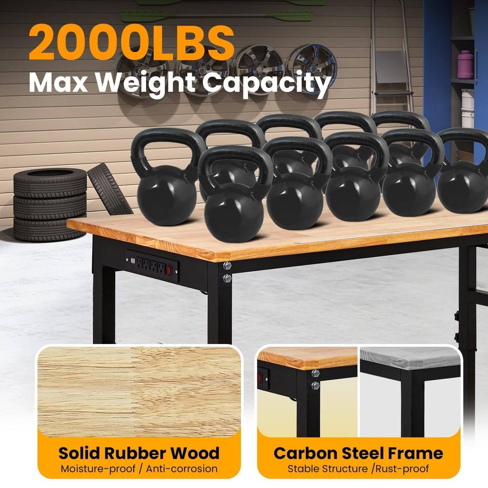 70" Adjustable Workbench w/Wheels & Power Outlets, 2000Lbs Work Table for Garage