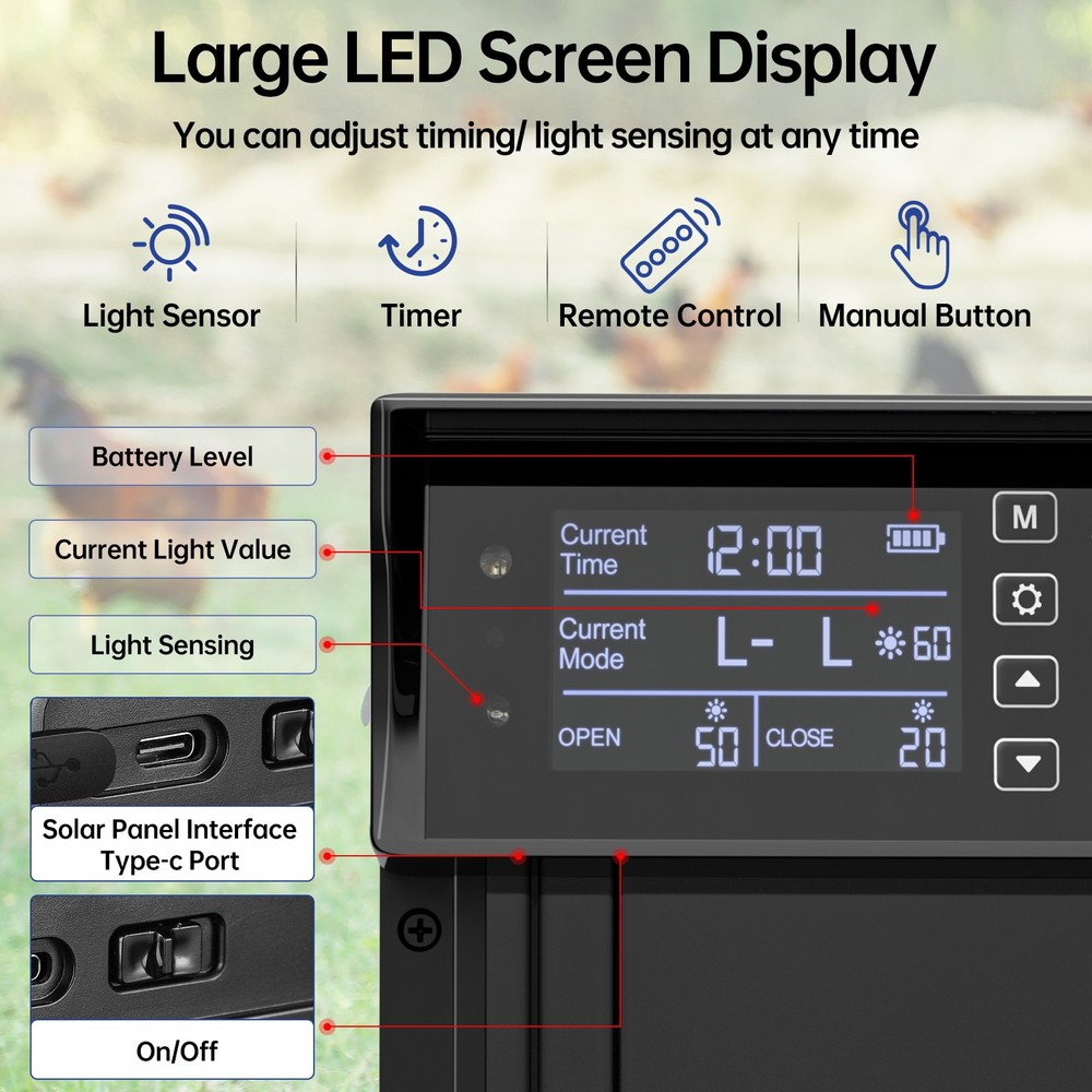 Solar Automatic Chicken Coop Door Poultry Gate Timer & Light Sensor & Anti-Pinch