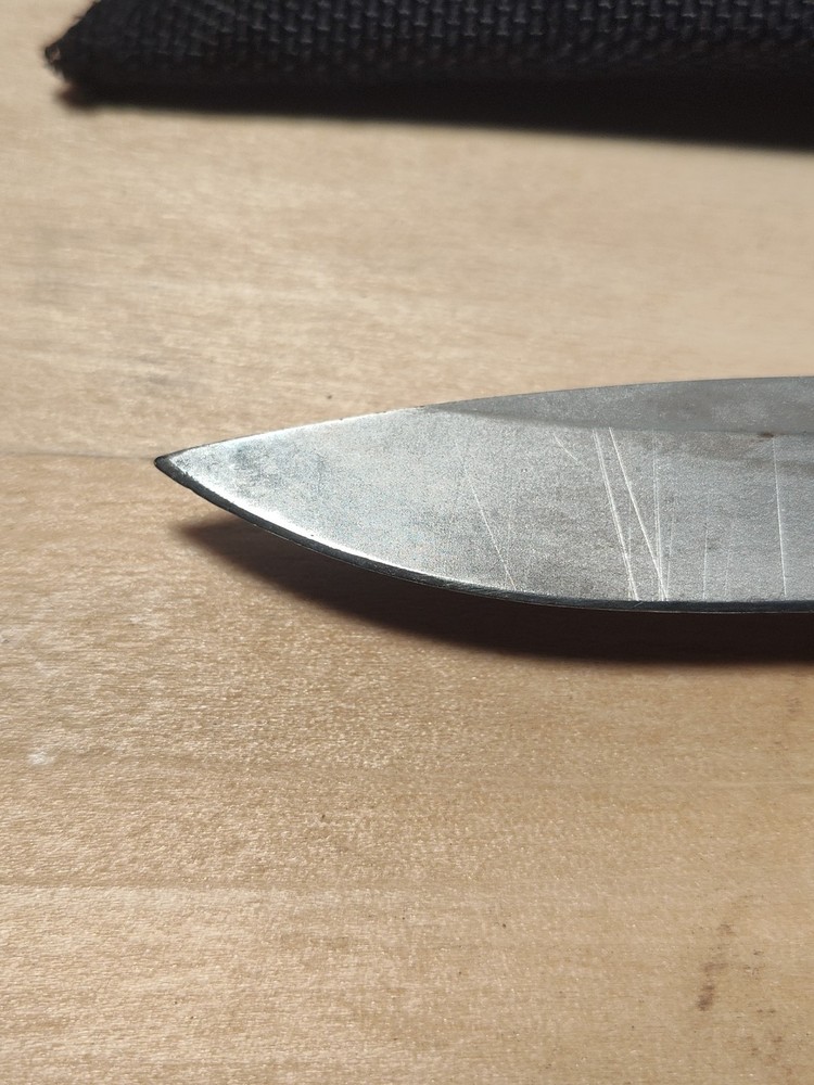 Used Gerber Profile Drop Point Fixed Blade Knife With Wooden Handle And Sheath