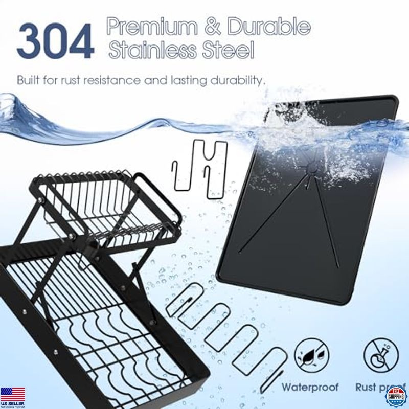 Stainless Steel 2-Tier Dish Drying Rack with Drainboard – Foldable & Expandable