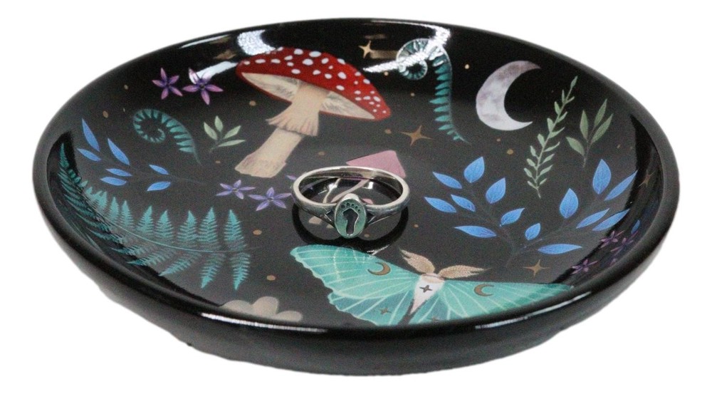 Ceramic Gothic Wicca Dark Forest Toadstool Mushrooms Luna Moth Trinket Dish