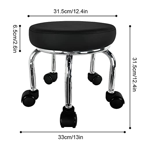 Modern Roller Seat PU Leather Low Round Rolling Stool 360° Swivel Small Black