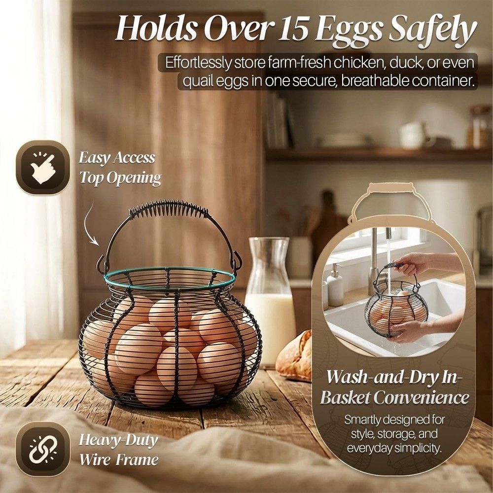 Egg Basket for Gathering Fresh Eggs - Round Wire Countertop Egg Holder with S...