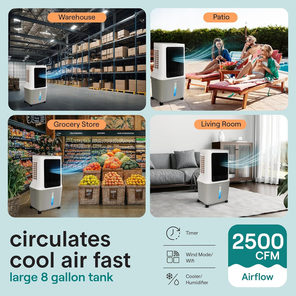 Portable Swamp Cooler Air Conditioner - 2500 CFM Airflow, 8 Gallon Water Tank Po