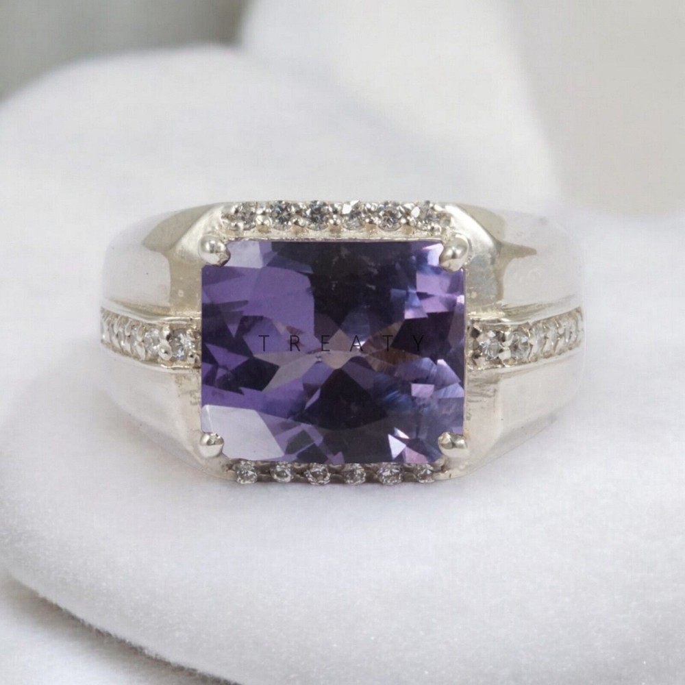 Alexandrite Emerald Cut Gemstone With 14K Solid White Gold Ring For Men's #587