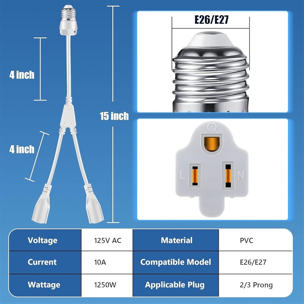 "2 in 1 Light Socket to Plug Adapter, Convert E26/E27 Bulb Socket to 2 Pieces ..