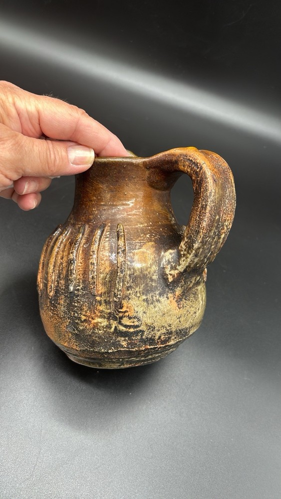 Rustic Primitive Glazed Pottery Small Jug Pitcher Raised Ridges 6”