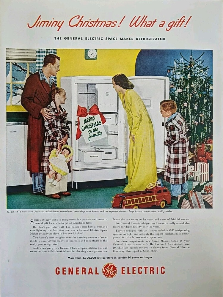 1948 Christmas General Electric Refrigerator Print Ad.