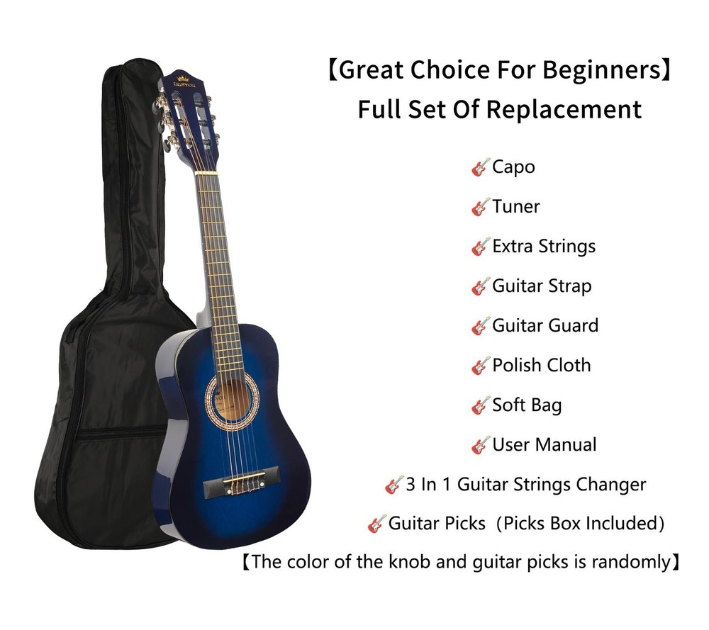 30in Beginner Acoustic Guitar Basic Starter Kit Tuner Bag Capo Strings Winder...