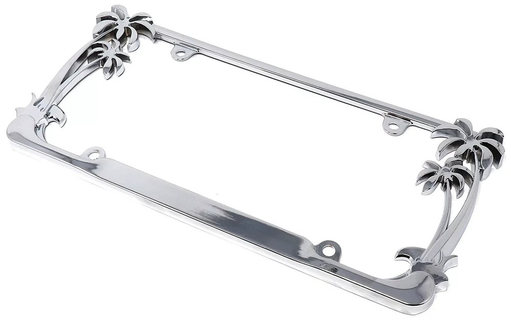 Tropical Palm Tree Chrome Polished License Plate Frame (2 Frames) with Cap