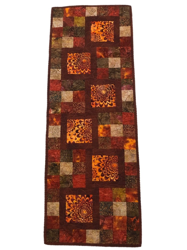 Handmade Quilted Table Runner Wall Art Brown Orange Yellow Patchwork Fall Autumn