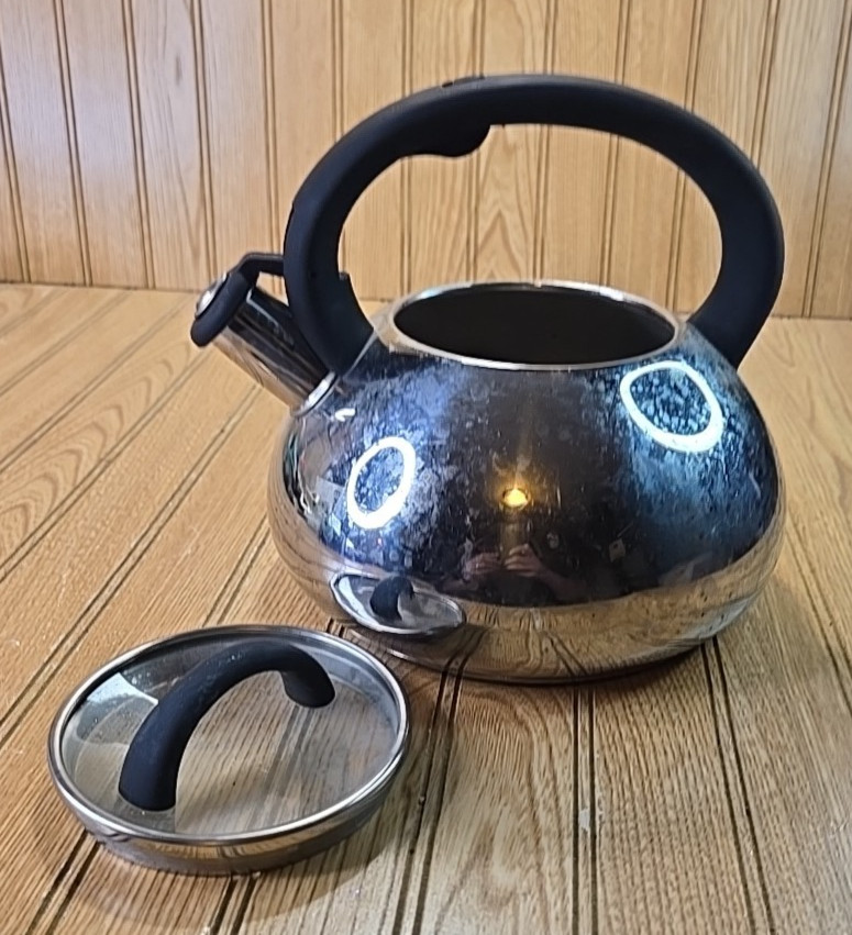 Brandani Whistling Tea Kettle Brushed Stainless Steel w/Black Soft Touch Handles