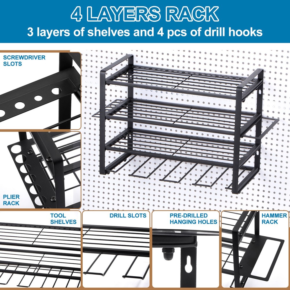 Power Tool Organizer 4 Layers 4 Drill Storage Racks Wall Mount Style Hooks