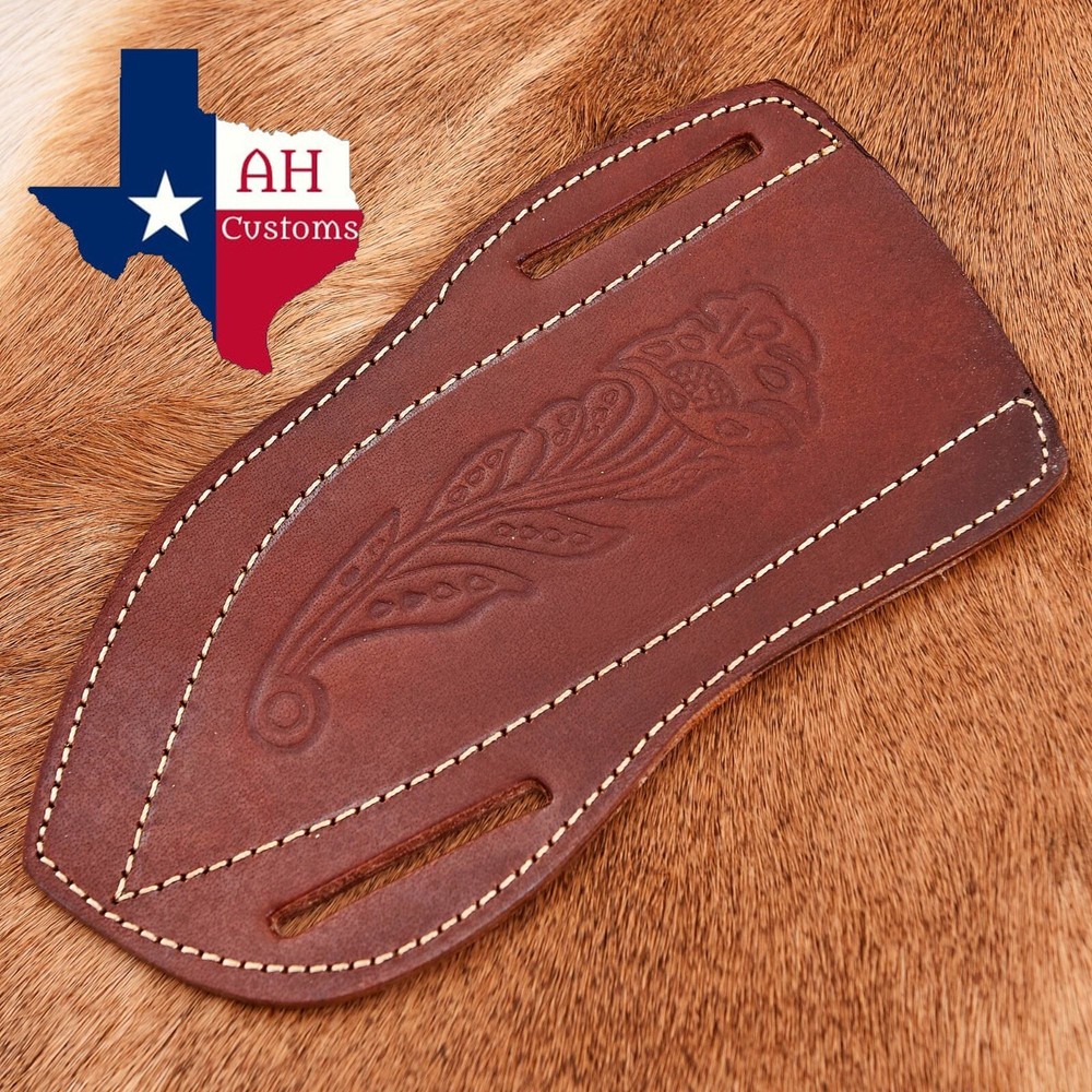 Brown LEATHER ENGRAVED PANCAKE Fixed Blade Knife Belt Sheath Folding Tool Case