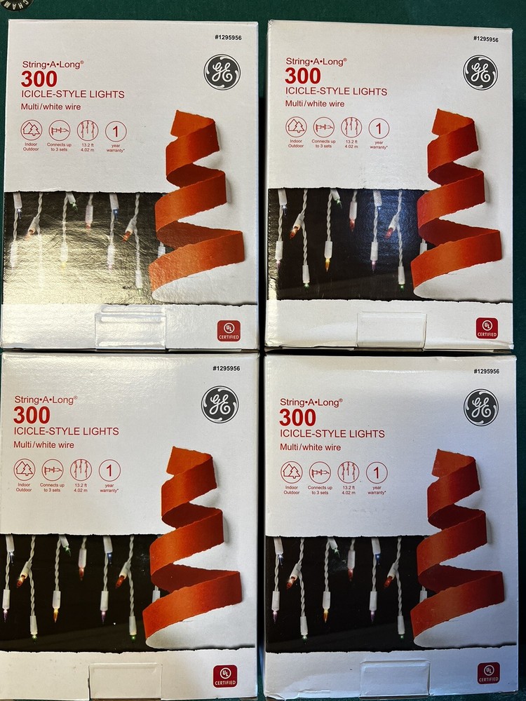 4 boxes GE Icicle Style Lights String-A-Long 300 Multi Color White wire new
