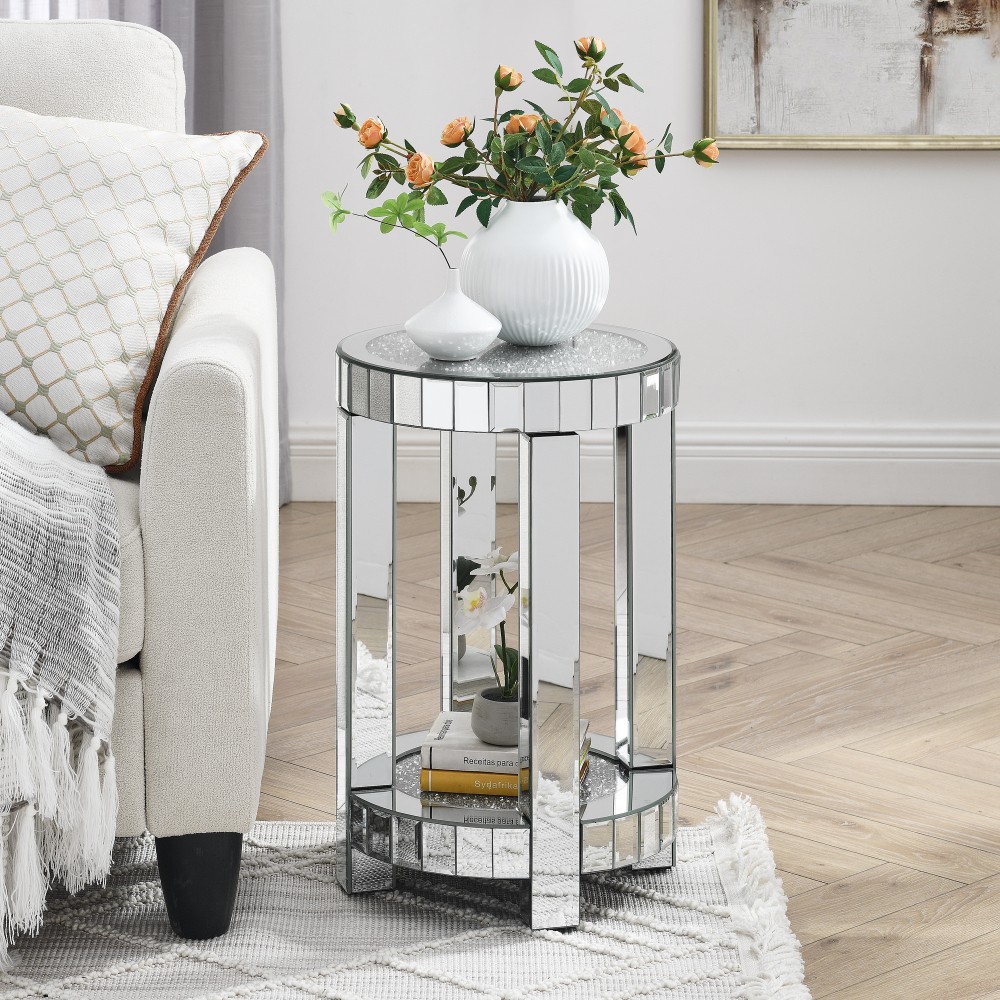 Mirrored Round End Table w/ Crystal Inlay, 2-Tier Coffee Table Silver