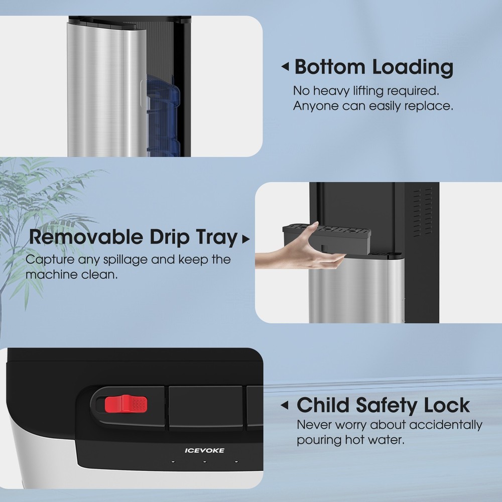 Bottom Loading Hot & Cold Water Cooler Dispenser for 3-5 Gallon & Self-cleaning