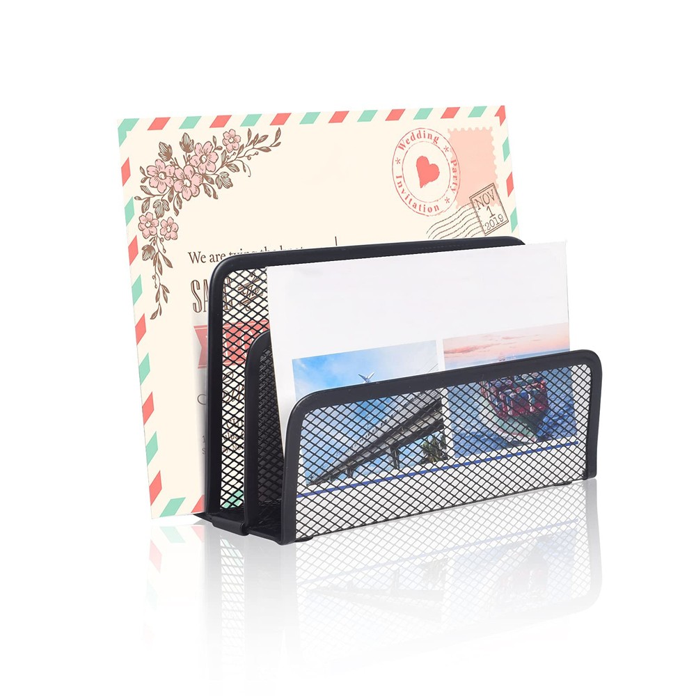 Metal Mesh Paper Organizer, Desktop File Holder, Mail Document Sorter, Black