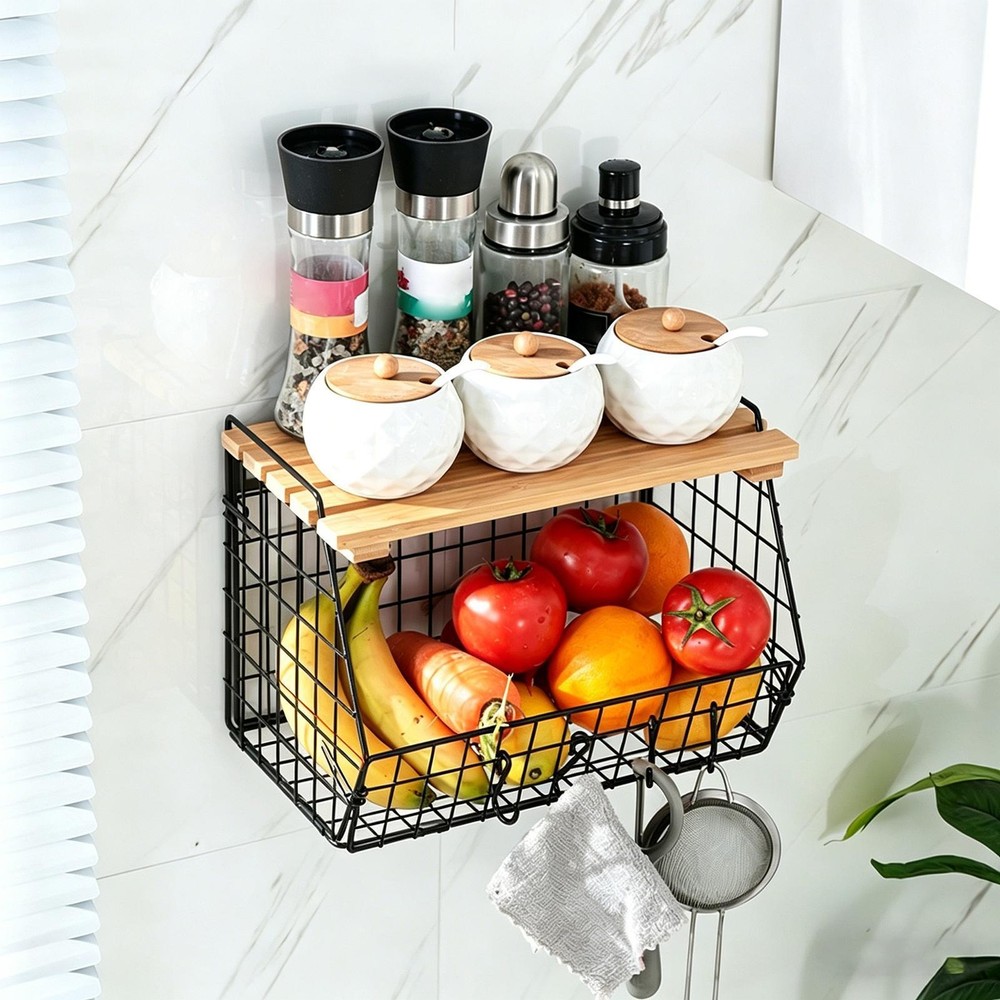 Stackable Wire Basket with Openable Top, Kitchen Counter Basket